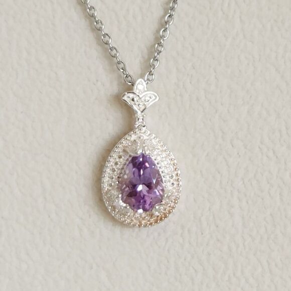 Purple Amethyst Pendant Necklace Stainless Steel Chain - Picture 2 of 9